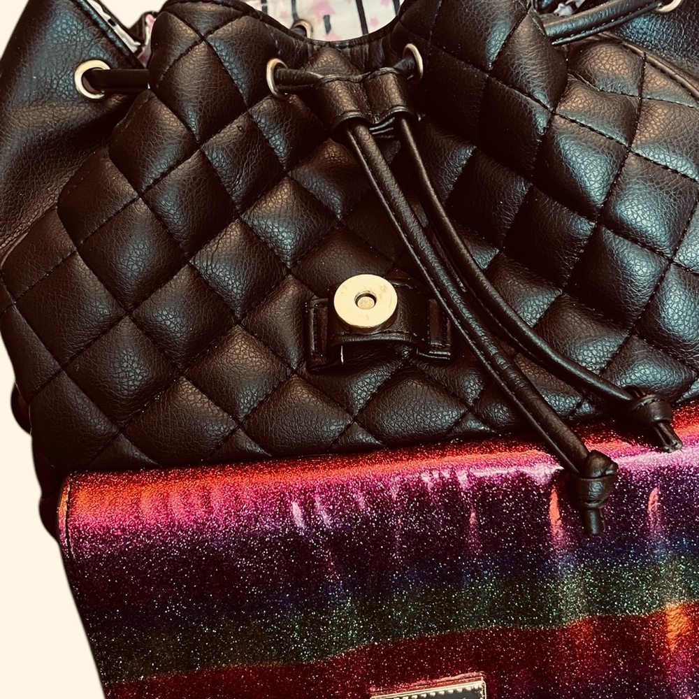 Betsey Johnson Quilted Cat Face Backpack Y2K Kawaii Coquette Glitter Rainbow Bag - Picture 6 of 16